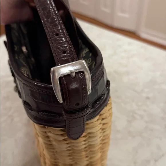 BRIGHTON Wicker Straw Purse Shoulder Bag Dark Brown Croc Leather Trim - Picture 7 of 11